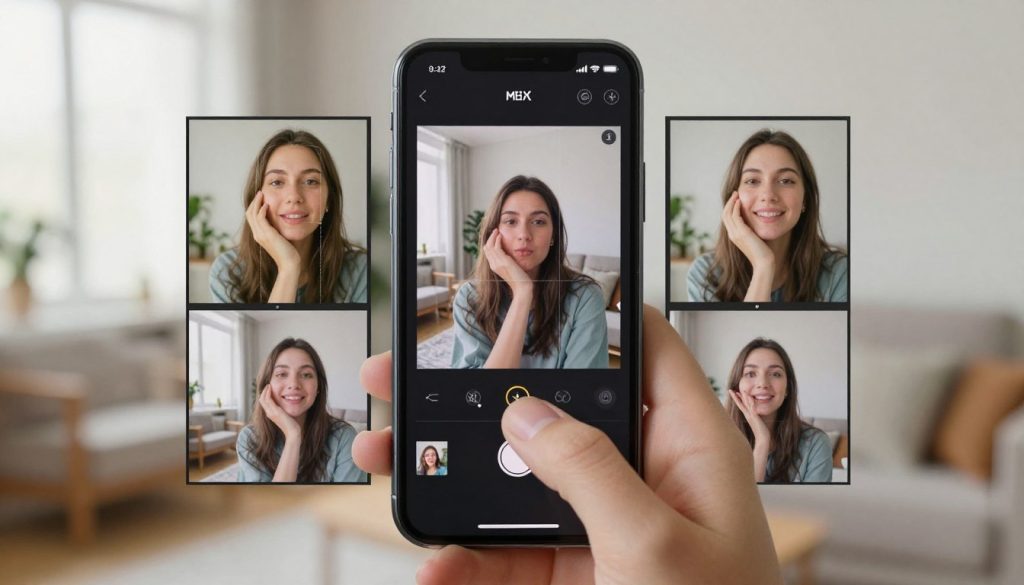 A modern mobile phone displaying the Meitu Xiu Xiu photo editing app interface with several images being edited simultaneously, showcasing different aspect ratios and filters. In the foreground, a close-up of a finger tapping on the screen, emphasizing user interaction. The middle ground features various images arranged in a grid format, each highlighting unique edits like color adjustments and cropping, while remaining vivid and engaging. The background portrays a cozy, well-lit room, with soft natural light filtering through a window. The atmosphere feels creative and tech-savvy, suggesting a user-friendly editing experience. Ensure all visual elements are professional and inviting, avoiding any text or branding elements. A modern mobile phone displaying the Meitu Xiu Xiu photo editing app interface with several images being edited simultaneously, showcasing different aspect ratios and filters. In the foreground, a close-up of a finger tapping on the screen, emphasizing user interaction. The middle ground features various images arranged in a grid format, each highlighting unique edits like color adjustments and cropping, while remaining vivid and engaging. The background portrays a cozy, well-lit room, with soft natural light filtering through a window. The atmosphere feels creative and tech-savvy, suggesting a user-friendly editing experience. Ensure all visual elements are professional and inviting, avoiding any text or branding elements.