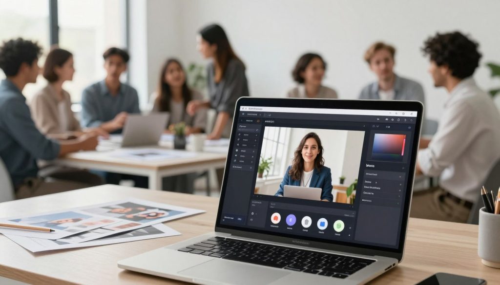 A modern, sleek interface of an online photo editing application is displayed in a well-lit workspace. The foreground features a laptop with an interactive screen showcasing the "在线美图秀秀" editing functions, highlighting features like filters, cropping, and enhancement tools. Beside the laptop, a diverse group of professionals is engaged in discussion, dressed in smart casual attire. In the middle ground, a stylish desk with photo samples and artistic materials adds creative flair. The background reveals a bright, minimalistic office space with soft natural light streaming in through large windows, creating a productive atmosphere. The scene conveys a sense of innovation, collaboration, and artistic expression, suitable for a digital editing platform.