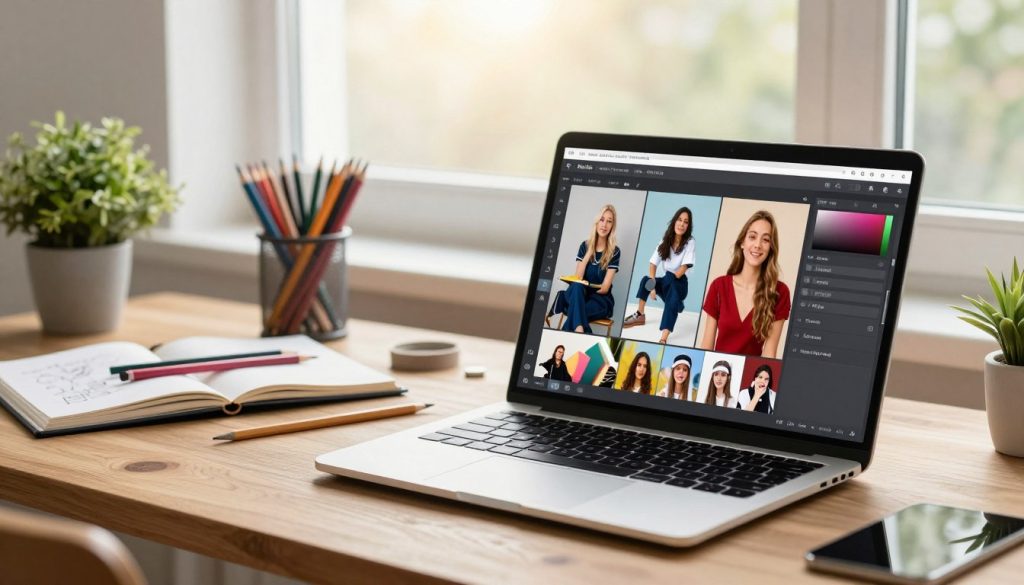 A modern, user-friendly web interface for the online image editing tool "Meitu Xiu Xiu," displayed on a sleek laptop on a stylish wooden desk. In the foreground, the laptop screen showcases vibrant photo editing features, including filters, stickers, and real-time editing options. The middle ground features a creative workspace with art supplies such as colored pencils, sketchbooks, and a small plant, adding a touch of creativity. In the background, soft natural light filters through a large window, casting a warm glow over the entire scene. The overall mood is bright, inviting, and inspiring, reflecting a blend of technology and artistic expression, with no people or text present.