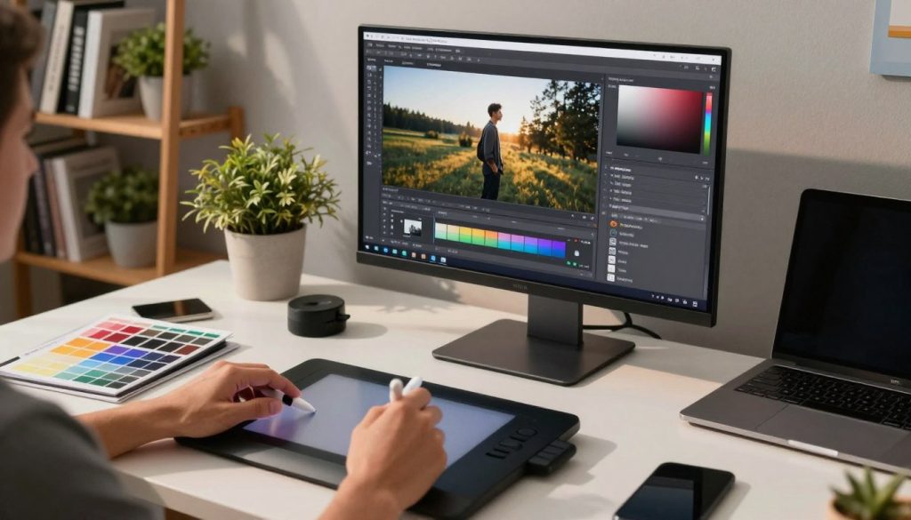 A sleek and modern workspace featuring a computer screen displaying an advanced image processing software interface, showcasing multiple images being adjusted in size and proportions simultaneously. In the foreground, a pair of professional hands using a stylus to interact with a touchscreen, highlighting the ease of batch editing. In the middle, a stylish desk cluttered with editing tools like a graphic tablet, color swatches, and a laptop, emphasizing productivity. The background includes shelves filled with photography books and plants, creating a vibrant yet organized environment. Soft, warm lighting illuminates the scene, casting gentle shadows, with a focus on the dynamic interaction between technology and creativity, evoking a sense of efficiency and innovation. A sleek and modern workspace featuring a computer screen displaying an advanced image processing software interface, showcasing multiple images being adjusted in size and proportions simultaneously. In the foreground, a pair of professional hands using a stylus to interact with a touchscreen, highlighting the ease of batch editing. In the middle, a stylish desk cluttered with editing tools like a graphic tablet, color swatches, and a laptop, emphasizing productivity. The background includes shelves filled with photography books and plants, creating a vibrant yet organized environment. Soft, warm lighting illuminates the scene, casting gentle shadows, with a focus on the dynamic interaction between technology and creativity, evoking a sense of efficiency and innovation.