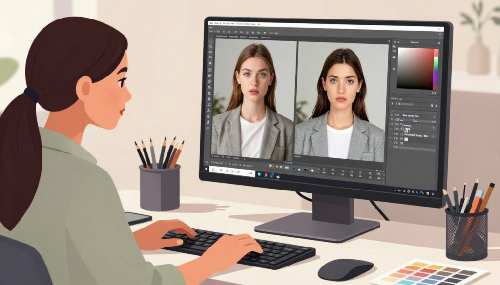 A vibrant and detailed digital illustration depicting a graphic design workspace, showcasing a comparison of two images side by side on a computer screen. The left image is a high-resolution photograph, while the right image displays a noticeably lower quality version after resizing using a photo editing tool. In the foreground, a professional business woman in a modest casual outfit is examining the images, her expression focused and analytical. The middle ground features a sleek, modern desk with graphic design tools, a laptop with design software open, and color swatches neatly arranged. The background has soft ambient lighting, creating a warm and inviting atmosphere, enhancing the workspace feel. The overall mood is professional and contemplative, highlighting the impact of image resizing on quality. A vibrant and detailed digital illustration depicting a graphic design workspace, showcasing a comparison of two images side by side on a computer screen. The left image is a high-resolution photograph, while the right image displays a noticeably lower quality version after resizing using a photo editing tool. In the foreground, a professional business woman in a modest casual outfit is examining the images, her expression focused and analytical. The middle ground features a sleek, modern desk with graphic design tools, a laptop with design software open, and color swatches neatly arranged. The background has soft ambient lighting, creating a warm and inviting atmosphere, enhancing the workspace feel. The overall mood is professional and contemplative, highlighting the impact of image resizing on quality.
