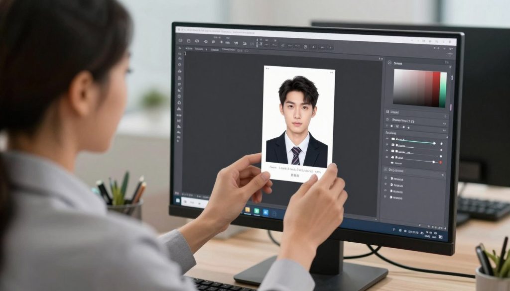 A well-lit office setting featuring a computer screen displaying photo editing software, specifically the resizing tool for ID photos. In the foreground, a confident business professional, dressed in formal attire, is focused on adjusting a digital image of an ID photo, ensuring it meets specific size requirements. The middle ground highlights a close-up of the computer screen, with adjustment sliders and preview thumbnails visible, emphasizing the technical process of resizing. The background shows a clean and organized workspace, with soft ambient lighting that creates a calm and professional atmosphere. The mood conveys a sense of productivity and attention to detail, reflecting the meticulous nature of preparing ID photos.