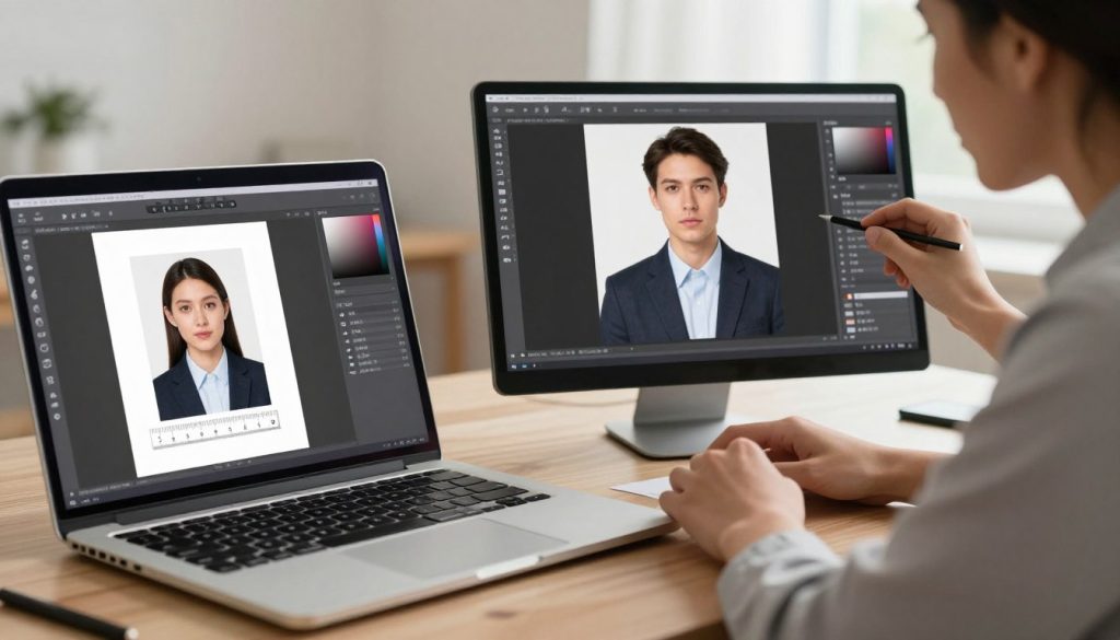 A well-organized workspace featuring a high-resolution image displayed on a computer screen, emphasizing the process of resizing images for printing. In the foreground, a neatly arranged desk with a professional laptop open to a photo editing software interface, showcasing a crisp image of a passport photo beside a ruler for scale. In the middle, a focused individual, dressed in smart casual attire, adjusting settings on the software with a thoughtful expression. The background features soft, diffused lighting from a nearby window, creating a warm and inviting atmosphere. The overall mood conveys professionalism and attention to detail, ideal for illustrating the optimization of image quality for printing requirements.