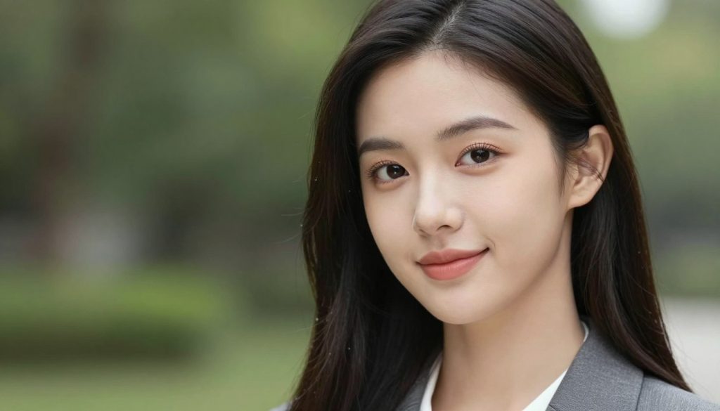 An elegant portrait of a young woman with a natural, radiant beauty, showcasing advanced techniques in facial enhancement. The foreground captures her gently smiling face with flawless skin and subtly enhanced features like bright eyes and smooth cheekbones. The middle ground features soft, diffused lighting that highlights her soft makeup and natural glow, creating a warm and inviting atmosphere. In the background, a serene outdoor setting with blurred greenery adds depth without distraction. The image should evoke a sense of calm and professionalism, illustrating the theme of sophisticated portrait enhancement. The subject is wearing smart casual clothing, ensuring a modest, polished appearance. This composition emphasizes the beauty of natural refinement in portrait photography. An elegant portrait of a young woman with a natural, radiant beauty, showcasing advanced techniques in facial enhancement. The foreground captures her gently smiling face with flawless skin and subtly enhanced features like bright eyes and smooth cheekbones. The middle ground features soft, diffused lighting that highlights her soft makeup and natural glow, creating a warm and inviting atmosphere. In the background, a serene outdoor setting with blurred greenery adds depth without distraction. The image should evoke a sense of calm and professionalism, illustrating the theme of sophisticated portrait enhancement. The subject is wearing smart casual clothing, ensuring a modest, polished appearance. This composition emphasizes the beauty of natural refinement in portrait photography.