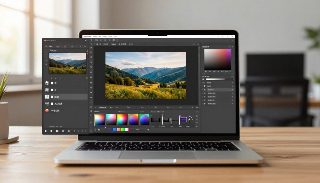 A clean and modern desktop interface of Meitu XiuXiu, featuring various professional photo editing tools in a neatly organized layout. The foreground displays an array of vibrant editing options like filters, color adjustments, and cropping tools, highlighted with a glowing effect to indicate interactivity. In the middle, a sleek laptop is centered on a stylish wooden desk, with an opened image of a scenic landscape being edited on the screen. The background features a softly blurred office environment, enhancing the focus on the laptop. Natural daylight filters through a nearby window, casting a warm, inviting glow across the scene, creating a productive and creative atmosphere. The image conveys a sense of professionalism and advanced capability, ideal for demonstrating the specialized functions of the desktop version of Meitu XiuXiu. A clean and modern desktop interface of Meitu XiuXiu, featuring various professional photo editing tools in a neatly organized layout. The foreground displays an array of vibrant editing options like filters, color adjustments, and cropping tools, highlighted with a glowing effect to indicate interactivity. In the middle, a sleek laptop is centered on a stylish wooden desk, with an opened image of a scenic landscape being edited on the screen. The background features a softly blurred office environment, enhancing the focus on the laptop. Natural daylight filters through a nearby window, casting a warm, inviting glow across the scene, creating a productive and creative atmosphere. The image conveys a sense of professionalism and advanced capability, ideal for demonstrating the specialized functions of the desktop version of Meitu XiuXiu.