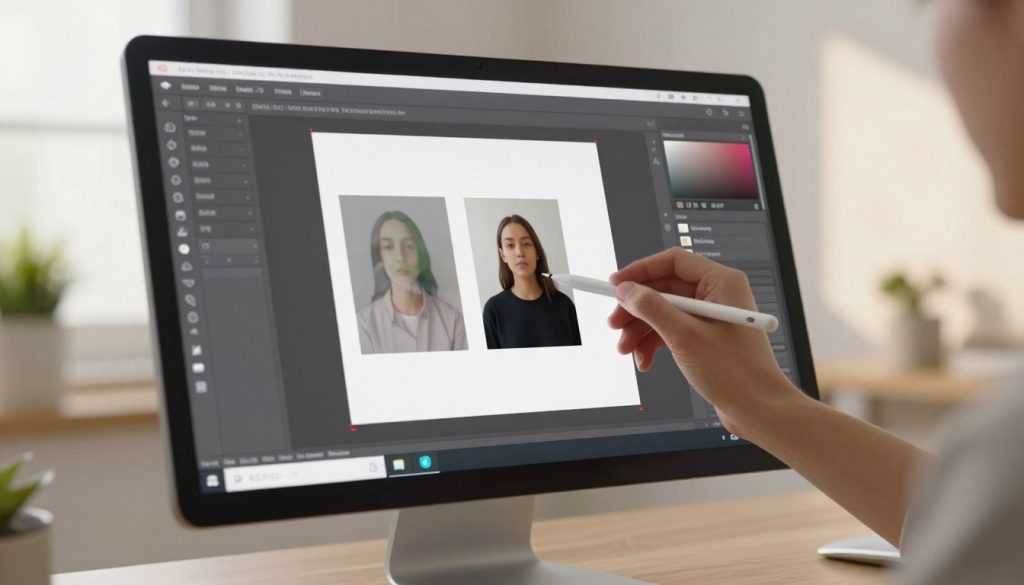 A clean, modern workspace showcasing a computer screen with the Meitu Xiu Xiu watermark removal interface open. In the foreground, a hand is using a digital stylus to select an area on the screen, indicating the editing process. The middle ground features a subtle reflection of a blurred background with decorative plants and a soft light illuminating the space. The scene is balanced to create an inviting mood, emphasizing efficiency and creativity. Natural light filters in through a window, creating a warm atmosphere, while a slight shadow from the furniture adds depth. The overall composition highlights the step-by-step process of watermark removal in an organized manner, with no text or distractions present. A clean, modern workspace showcasing a computer screen with the Meitu Xiu Xiu watermark removal interface open. In the foreground, a hand is using a digital stylus to select an area on the screen, indicating the editing process. The middle ground features a subtle reflection of a blurred background with decorative plants and a soft light illuminating the space. The scene is balanced to create an inviting mood, emphasizing efficiency and creativity. Natural light filters in through a window, creating a warm atmosphere, while a slight shadow from the furniture adds depth. The overall composition highlights the step-by-step process of watermark removal in an organized manner, with no text or distractions present.