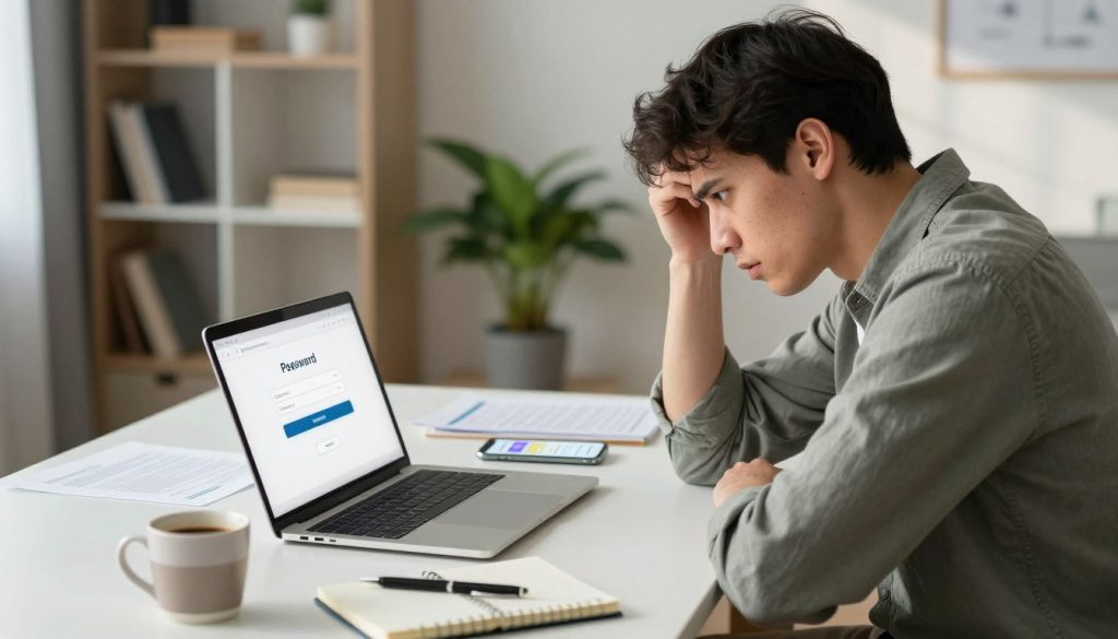 A concerned young adult sitting at a clean, modern desk, with a laptop open in front of them, displaying a password recovery screen. The foreground features a cup of coffee and a notebook with a pen. The middle layer includes half-visible documents and a smartphone displaying a messaging app for password reset. The background features a softly lit room with a bookshelf and a plant, creating a calm atmosphere. Natural light filters through a window, casting gentle shadows. The subject is wearing smart casual attire, looking slightly frustrated yet focused on the task. The overall mood is one of determination and resolve, suitable for the challenges of account recovery. A concerned young adult sitting at a clean, modern desk, with a laptop open in front of them, displaying a password recovery screen. The foreground features a cup of coffee and a notebook with a pen. The middle layer includes half-visible documents and a smartphone displaying a messaging app for password reset. The background features a softly lit room with a bookshelf and a plant, creating a calm atmosphere. Natural light filters through a window, casting gentle shadows. The subject is wearing smart casual attire, looking slightly frustrated yet focused on the task. The overall mood is one of determination and resolve, suitable for the challenges of account recovery.