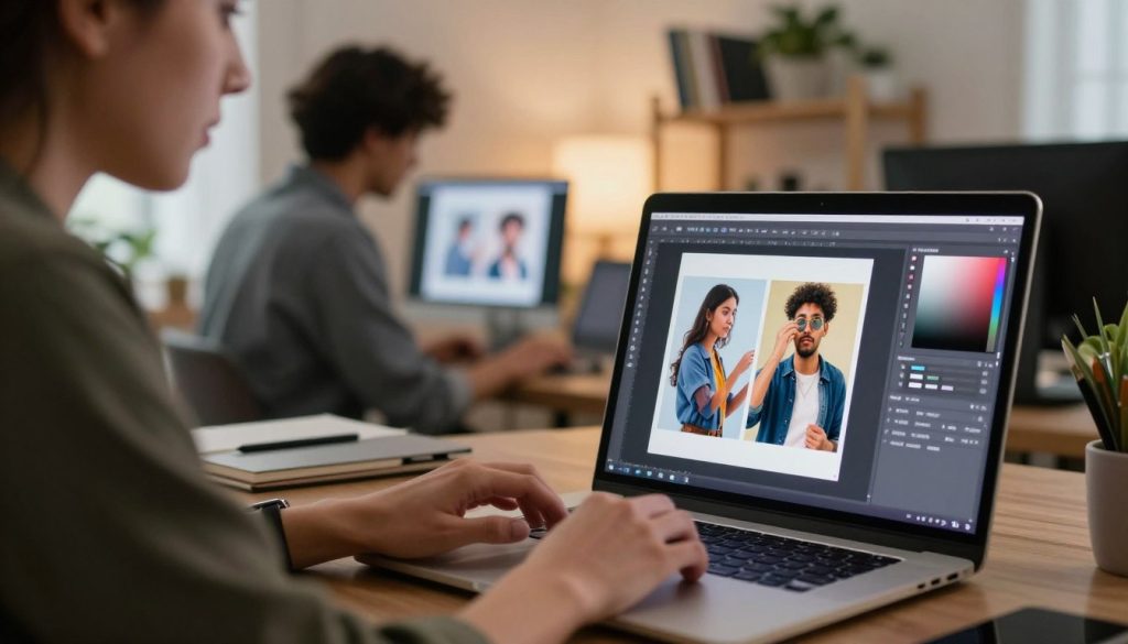 A detailed workspace scenario showcasing a digital designer focused on adjusting image sizes using software. In the foreground, a laptop screen displays a software interface with vibrant images being resized, surrounded by design tools like a color palette and a stylus. The middle layer includes a professional wearing smart casual attire, deep in concentration, analyzing the resized images. In the background, soft ambient lighting highlights the creative environment, with shelves filled with design books and plants adding a touch of warmth. The atmosphere is productive and inspiring, reflecting the importance of proper image resizing techniques while avoiding blurriness. Use a slightly blurred effect on the background to emphasize the foreground and enhance the sense of depth. A detailed workspace scenario showcasing a digital designer focused on adjusting image sizes using software. In the foreground, a laptop screen displays a software interface with vibrant images being resized, surrounded by design tools like a color palette and a stylus. The middle layer includes a professional wearing smart casual attire, deep in concentration, analyzing the resized images. In the background, soft ambient lighting highlights the creative environment, with shelves filled with design books and plants adding a touch of warmth. The atmosphere is productive and inspiring, reflecting the importance of proper image resizing techniques while avoiding blurriness. Use a slightly blurred effect on the background to emphasize the foreground and enhance the sense of depth.