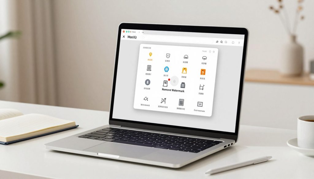 A digital workspace featuring a computer screen displaying the Meitu Xiu Xiu application, highlighting its watermark removal tools. In the foreground, an elegant, organized desk with a modern laptop, an open notebook, and a stylus. The middle layer showcases the Meitu Xiu Xiu interface, with clear icons for editing functions like 'Remove Watermark' prominently displayed. The background features a softly lit room with minimalistic decor and a calming color palette. The overall mood is professional yet inviting, suggesting innovation and efficiency. Use bright, natural lighting to create a fresh atmosphere, and an angle that focuses on the screen while showcasing the entire workspace. A digital workspace featuring a computer screen displaying the Meitu Xiu Xiu application, highlighting its watermark removal tools. In the foreground, an elegant, organized desk with a modern laptop, an open notebook, and a stylus. The middle layer showcases the Meitu Xiu Xiu interface, with clear icons for editing functions like 'Remove Watermark' prominently displayed. The background features a softly lit room with minimalistic decor and a calming color palette. The overall mood is professional yet inviting, suggesting innovation and efficiency. Use bright, natural lighting to create a fresh atmosphere, and an angle that focuses on the screen while showcasing the entire workspace.