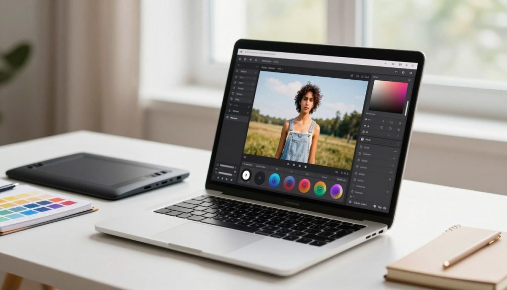 A digital workspace showcasing an elegant interface of a photo editing app, specifically highlighting features for basic image processing. In the foreground, a modern laptop with a bright screen displays a vibrant photo being edited, featuring cropping tools and quality enhancement options visible. The middle ground includes a tidy desk with professional editing tools like a graphics tablet, color swatches, and a notebook, all bathed in natural daylight from a large window. The background features a blurred view of a serene indoor space with soft, neutral colors, creating a calm and inviting atmosphere. The scene conveys a sense of creativity and productivity, ideal for beginners learning to enhance their photography skills. A digital workspace showcasing an elegant interface of a photo editing app, specifically highlighting features for basic image processing. In the foreground, a modern laptop with a bright screen displays a vibrant photo being edited, featuring cropping tools and quality enhancement options visible. The middle ground includes a tidy desk with professional editing tools like a graphics tablet, color swatches, and a notebook, all bathed in natural daylight from a large window. The background features a blurred view of a serene indoor space with soft, neutral colors, creating a calm and inviting atmosphere. The scene conveys a sense of creativity and productivity, ideal for beginners learning to enhance their photography skills.
