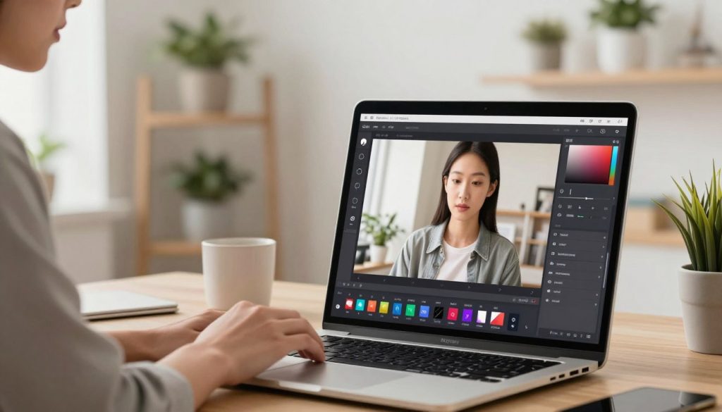 A digital workspace showcasing the online editing features of Meitu's beauty app. In the foreground, a sleek laptop is open with the Meitu editing interface displayed, featuring vibrant photo editing tools like filters, stickers, and sliders. The middle layer includes a professional-looking person of Asian descent wearing smart casual clothing, attentively working on the laptop, engaged in the photo editing process. The background captures a modern office environment with soft lighting, creating a warm and inviting atmosphere, and plants adorning the shelves to add a touch of greenery. The scene conveys a sense of creativity and professionalism, emphasizing the ease and effectiveness of the online editing service.