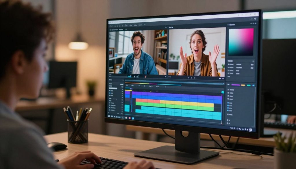 A dynamic workspace showcasing video editing tools focusing on color grading and filter application. In the foreground, a sleek computer screen displays a vibrant video timeline with various color correction sliders and filter options. The middle layer features a professional individual wearing smart casual attire, intently analyzing the vibrant video on the screen, showcasing expressive emotions of creativity and concentration. The background reveals a modern office environment with soft, ambient lighting, casting a warm glow that emphasizes a productive atmosphere. Delicate reflections of color palettes and filter thumbnails are visible on the desk, infusing the scene with a sense of artistic energy and innovation, inviting viewers into the world of video beautification. A dynamic workspace showcasing video editing tools focusing on color grading and filter application. In the foreground, a sleek computer screen displays a vibrant video timeline with various color correction sliders and filter options. The middle layer features a professional individual wearing smart casual attire, intently analyzing the vibrant video on the screen, showcasing expressive emotions of creativity and concentration. The background reveals a modern office environment with soft, ambient lighting, casting a warm glow that emphasizes a productive atmosphere. Delicate reflections of color palettes and filter thumbnails are visible on the desk, infusing the scene with a sense of artistic energy and innovation, inviting viewers into the world of video beautification.