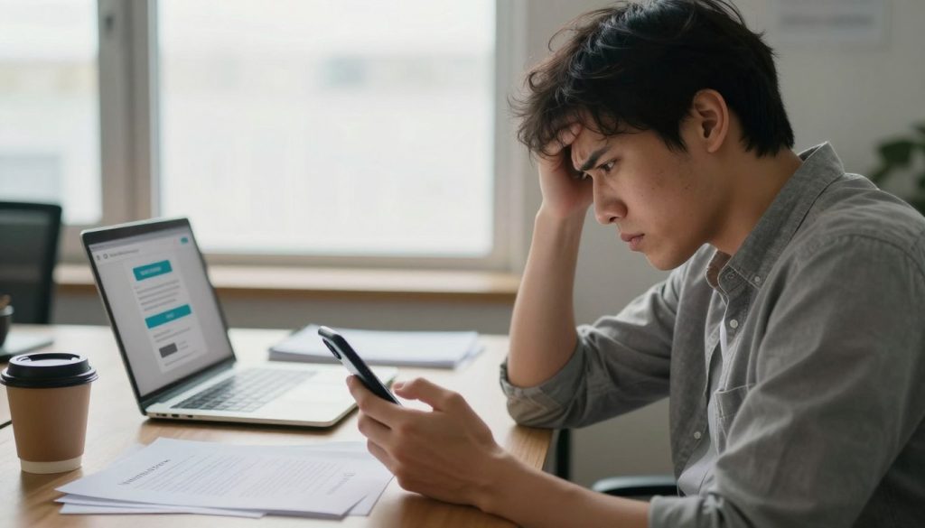 A frustrated person sitting in a modern office environment, looking at a smartphone displaying an error message related to app installation failure. In the foreground, the person's furrowed brows and concerned expression emphasize their frustration. The middle ground features a cluttered desk with a laptop, scattered papers, and a coffee cup, showcasing the busyness of their work life. In the background, a bright window lets in natural light, creating a warm yet stressful atmosphere. The lighting should be soft, with shadows hinting at the person's struggle, while the overall mood conveys the urgency of resolving technical issues, particularly highlighting the theme of insufficient storage space interrupting the installation process. A frustrated person sitting in a modern office environment, looking at a smartphone displaying an error message related to app installation failure. In the foreground, the person's furrowed brows and concerned expression emphasize their frustration. The middle ground features a cluttered desk with a laptop, scattered papers, and a coffee cup, showcasing the busyness of their work life. In the background, a bright window lets in natural light, creating a warm yet stressful atmosphere. The lighting should be soft, with shadows hinting at the person's struggle, while the overall mood conveys the urgency of resolving technical issues, particularly highlighting the theme of insufficient storage space interrupting the installation process.