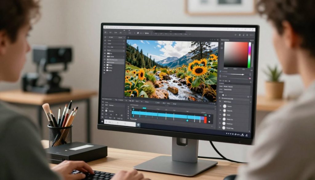 A high-resolution image showcasing advanced techniques for optimizing image clarity and detail preservation in a digital editing environment. In the foreground, a sleek computer monitor displays a vibrant, intricately edited photograph, highlighting the sharp details and enhanced colors. To the side, a professional in smart-casual attire adjusts settings on an editing software interface. The middle ground features editing tools like sliders and digital brushes, while in the background, a softly lit room filled with photography equipment and art supplies creates a creative atmosphere. The lighting is bright and focused on the monitor, creating a sense of concentration and innovation, with a warm and inviting mood that encourages creativity and technical mastery.