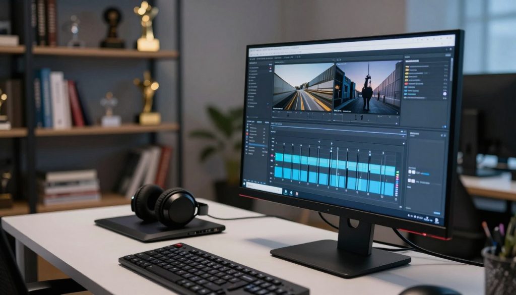 A high-tech workspace featuring a sleek computer monitor displaying advanced video editing software with optimized resolution settings. In the foreground, a close-up view of the software interface shows intricate graphs and sliders for adjusting resolution and frame rate, illuminated by a soft blue and white light. The middle ground includes a stylish office desk with professional editing tools, like a drawing tablet and headphones. In the background, blurred shelves lined with reference books and awards create a sophisticated atmosphere, while ambient light suggests a focused work environment. The overall mood is one of innovation and precision, emphasizing the importance of clarity in video output.