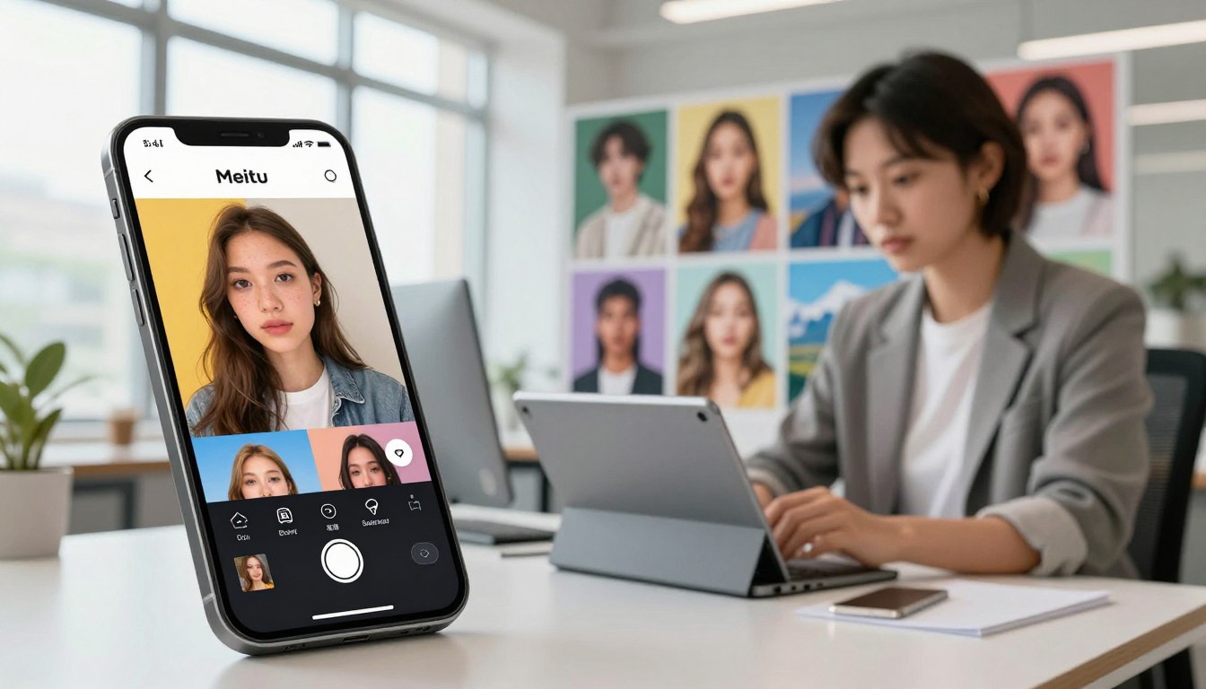 A modern and sleek digital workspace showcasing the key features of the Meitu Xiu Xiu app. In the foreground, a stylish smartphone displaying vibrant, edited photos, with icons representing various functions like filters, beauty enhancements, and collage options. The middle ground features a professional designer, dressed in smart casual attire, using a tablet with a focused expression while surrounded by colorful images of enhanced selfies and landscapes. In the background, a bright and airy office with soft natural lighting pouring through large windows, fostering a creative atmosphere. The overall mood is inspiring and energetic, demonstrating the creative potential of digital photo editing. Ensure the image is devoid of any text or logos.