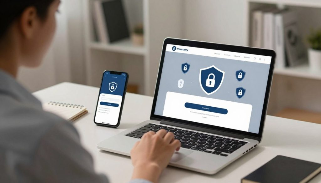 A modern digital workspace featuring a laptop displaying a secure interface for an app, emphasizing heightened security settings. In the foreground, a focused individual in professional business attire, analyzing the screen, surrounded by security icons like padlocks and shields, symbolizing enhanced account safety. In the middle ground, a smartphone with a secure login feature and a notepad with tips on password recovery, all bathed in warm, inviting light. The background showcases a sleek, minimalistic office with soft-focus shelves containing technology-related books, creating a mood of security and professionalism. The image should feel contemporary and reassuring, suggesting a blend of technology and user vigilance. A modern digital workspace featuring a laptop displaying a secure interface for an app, emphasizing heightened security settings. In the foreground, a focused individual in professional business attire, analyzing the screen, surrounded by security icons like padlocks and shields, symbolizing enhanced account safety. In the middle ground, a smartphone with a secure login feature and a notepad with tips on password recovery, all bathed in warm, inviting light. The background showcases a sleek, minimalistic office with soft-focus shelves containing technology-related books, creating a mood of security and professionalism. The image should feel contemporary and reassuring, suggesting a blend of technology and user vigilance.