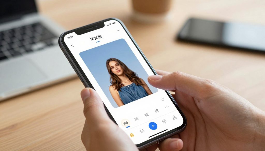 A modern smartphone displaying the mobile version of the Meitu Xiuxiu application, showcasing a vibrant and user-friendly interface with photo editing tools visible on the screen. In the foreground, a pair of hands expertly navigating the app, with an emphasis on intuitive gestures like swiping and tapping. The background features a softly blurred workspace with a professional aesthetic, enhancing focus on the phone. Warm, natural lighting illuminates the scene, creating a welcoming atmosphere. The angle of the shot captures both the phone and user’s interaction from a slightly elevated perspective, emphasizing the ease of use and functionality of the application. The overall mood is efficient and engaging, reflecting a seamless editing experience. A modern smartphone displaying the mobile version of the Meitu Xiuxiu application, showcasing a vibrant and user-friendly interface with photo editing tools visible on the screen. In the foreground, a pair of hands expertly navigating the app, with an emphasis on intuitive gestures like swiping and tapping. The background features a softly blurred workspace with a professional aesthetic, enhancing focus on the phone. Warm, natural lighting illuminates the scene, creating a welcoming atmosphere. The angle of the shot captures both the phone and user’s interaction from a slightly elevated perspective, emphasizing the ease of use and functionality of the application. The overall mood is efficient and engaging, reflecting a seamless editing experience.