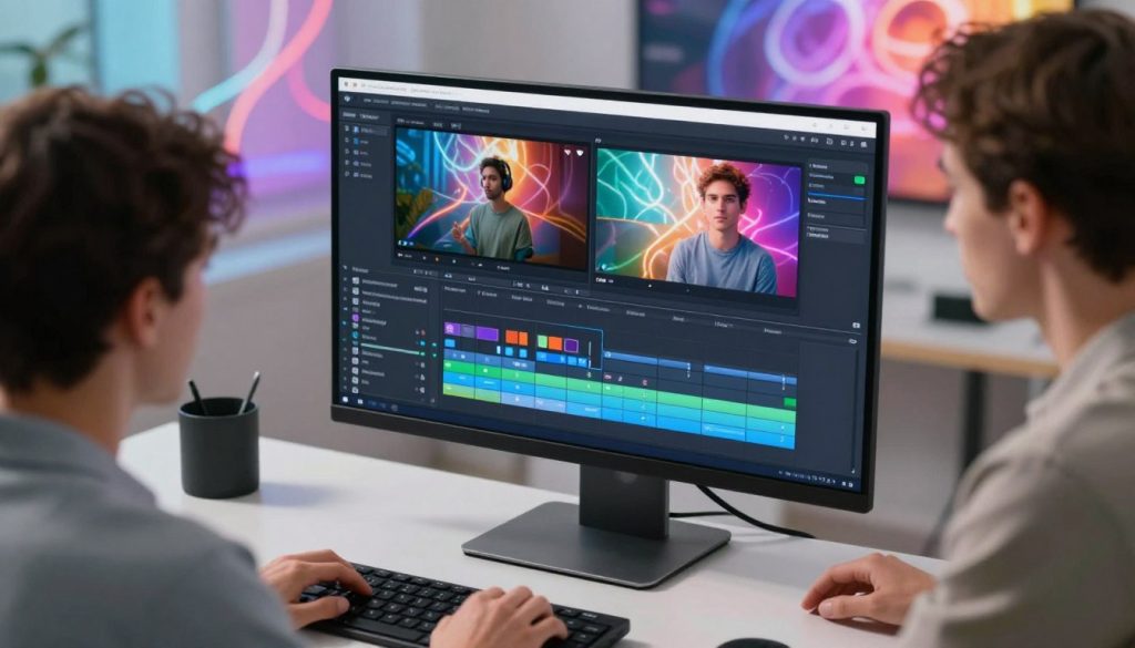 A modern video editing workspace featuring a sleek computer setup with an advanced video editing software interface on the screen, showcasing intuitive video effects and adjustments. In the foreground, a focused professional in smart casual attire, adjusting video clips on the software. The background features a vibrant digital environment with colorful visual effects swirling around to represent various editing capabilities. Soft, diffused lighting creates an inviting atmosphere, enhancing the technological ambiance. The camera angle is slightly angled from above, capturing the detailed interface and expressions of concentration on the user's face. This image conveys a sense of creativity, expertise, and the transformative power of video beautification technology. A modern video editing workspace featuring a sleek computer setup with an advanced video editing software interface on the screen, showcasing intuitive video effects and adjustments. In the foreground, a focused professional in smart casual attire, adjusting video clips on the software. The background features a vibrant digital environment with colorful visual effects swirling around to represent various editing capabilities. Soft, diffused lighting creates an inviting atmosphere, enhancing the technological ambiance. The camera angle is slightly angled from above, capturing the detailed interface and expressions of concentration on the user's face. This image conveys a sense of creativity, expertise, and the transformative power of video beautification technology.