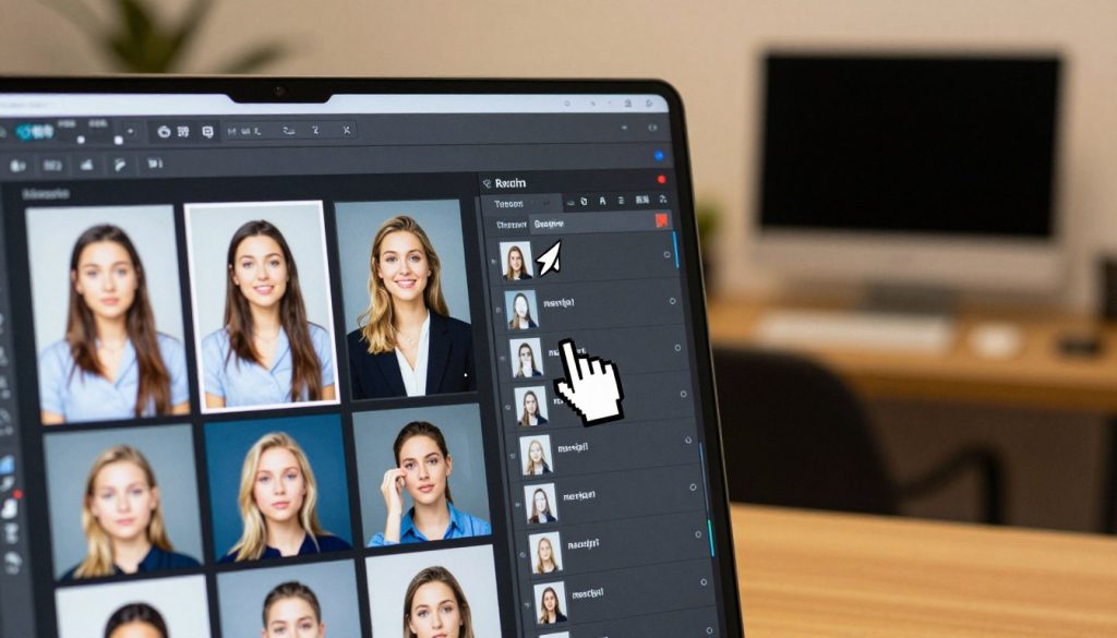 A professional-looking guide illustrating the process of resizing images in Meitu Xiuxiu. The foreground features a sleek, modern user interface displaying various resizing options with vibrant thumbnails of images ready for adjustment. In the middle, a sharp mouse cursor hovers over a specific option, emphasizing an important step in the process. The background includes a softly blurred view of an organized workspace with a computer, with warm, inviting lighting highlighting the screen. The atmosphere conveys a sense of clarity and efficiency, aiming to inspire users to achieve the best image quality. The image should exude professionalism and functionality without any text, logos, or watermarks.