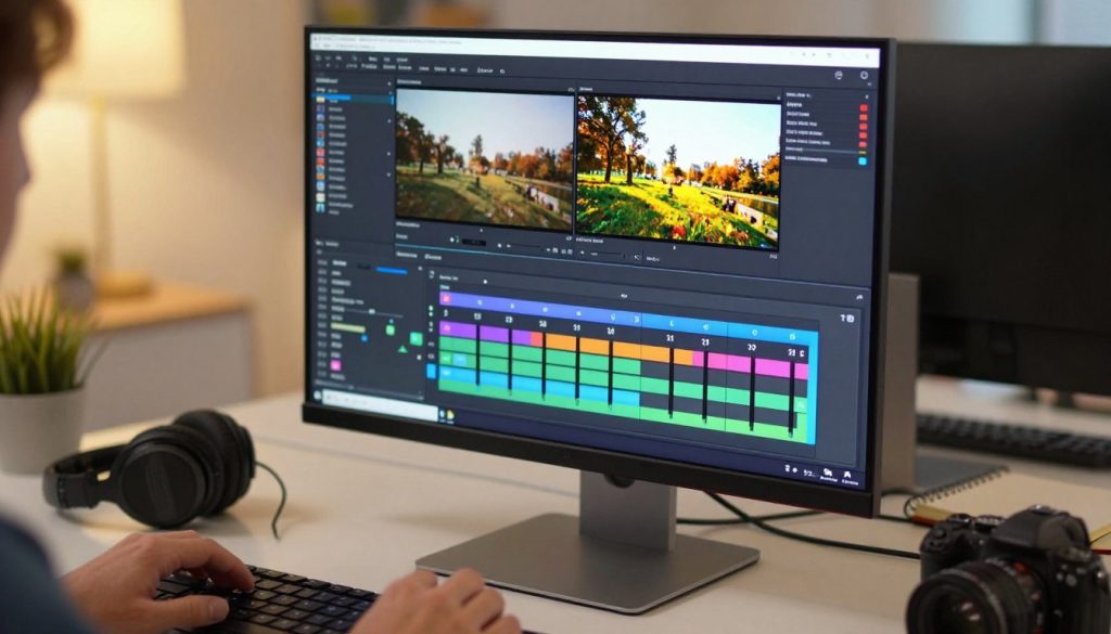 A professional video editing workspace featuring a sleek computer monitor displaying a user-friendly interface of a video editing software. In the foreground, a detailed close-up of a hand adjusting video settings with colorful sliders and icons, capturing the essence of video enhancement techniques. The middle layer shows the monitor's bright screen, showcasing before-and-after comparisons of video clarity, with vibrant colors and sharp details. In the background, soft lighting creates a warm atmosphere, while a subtle blur reveals a modern, organized desk with editing tools like headphones, a camera, and a notebook. The mood is focused and inspirational, encouraging creativity and showcasing the optimization of video editing processes in a professional context. A professional video editing workspace featuring a sleek computer monitor displaying a user-friendly interface of a video editing software. In the foreground, a detailed close-up of a hand adjusting video settings with colorful sliders and icons, capturing the essence of video enhancement techniques. The middle layer shows the monitor's bright screen, showcasing before-and-after comparisons of video clarity, with vibrant colors and sharp details. In the background, soft lighting creates a warm atmosphere, while a subtle blur reveals a modern, organized desk with editing tools like headphones, a camera, and a notebook. The mood is focused and inspirational, encouraging creativity and showcasing the optimization of video editing processes in a professional context.
