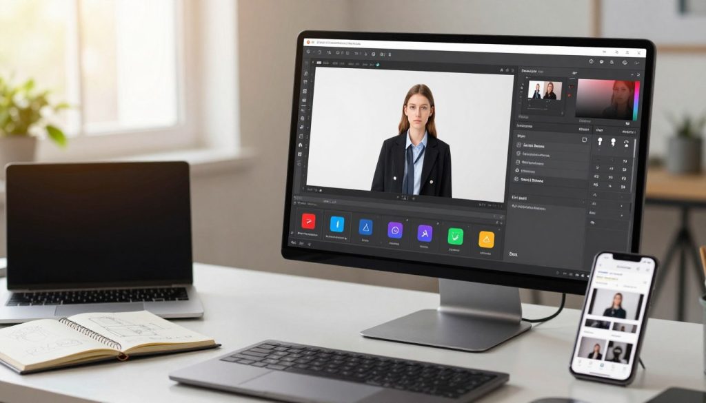 A professional workspace showcasing a computer screen displaying a user-friendly interface of a photo editing software, specifically focused on batch resizing images. The foreground includes a well-organized desk with a laptop, a notebook with sketches of image ratios, and a smartphone displaying tutorial images. In the middle, the computer screen should highlight the software's batch adjustment tool with clear, colorful icons illustrating different aspect ratios. The background features soft, natural lighting from a window, casting a warm glow over the setting, while a plant adds a touch of greenery. The atmosphere is focused and productive, reflecting a creative workspace where common issues in batch resizing are being solved.