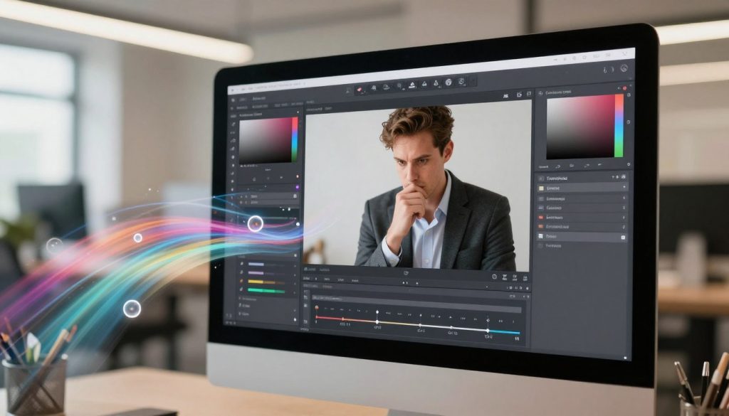 A sleek computer screen displays the interface of an online image editing tool, highlighting features like cropping, filters, and text overlays. In the foreground, an abstract representation of digital editing tools such as sliders and color palettes flow seamlessly from the screen, symbolizing creativity and efficiency. The middle ground features a person in professional business attire, intently focused on the screen, with a thoughtful expression, demonstrating the user experience of online editing. The background is softly blurred, showcasing a modern office environment with warm lighting that conveys a productive and innovative atmosphere. The composition uses a wide-angle lens effect, emphasizing depth and inviting the viewer to explore the differences between online and client-based editing tools. The overall mood is inspiring and dynamic.