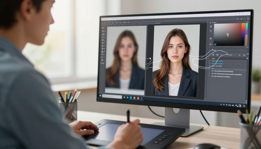 A sleek, modern workspace featuring a large computer screen displaying before-and-after images of a blurred photo being enhanced by AI technology. In the foreground, a professional individual in smart casual attire is closely examining the enhanced image, using a digital stylus on a graphic tablet. The middle ground showcases graphics of algorithms transforming the blurred image into a crisp, clear version, with soft, flowing lines illustrating the AI process. The background is softly illuminated with natural sunlight filtering through a window, creating a bright and optimistic atmosphere. The focus is on the clarity and detail in the images on the screen, emphasizing the theme of image enhancement and repair. A sleek, modern workspace featuring a large computer screen displaying before-and-after images of a blurred photo being enhanced by AI technology. In the foreground, a professional individual in smart casual attire is closely examining the enhanced image, using a digital stylus on a graphic tablet. The middle ground showcases graphics of algorithms transforming the blurred image into a crisp, clear version, with soft, flowing lines illustrating the AI process. The background is softly illuminated with natural sunlight filtering through a window, creating a bright and optimistic atmosphere. The focus is on the clarity and detail in the images on the screen, emphasizing the theme of image enhancement and repair.