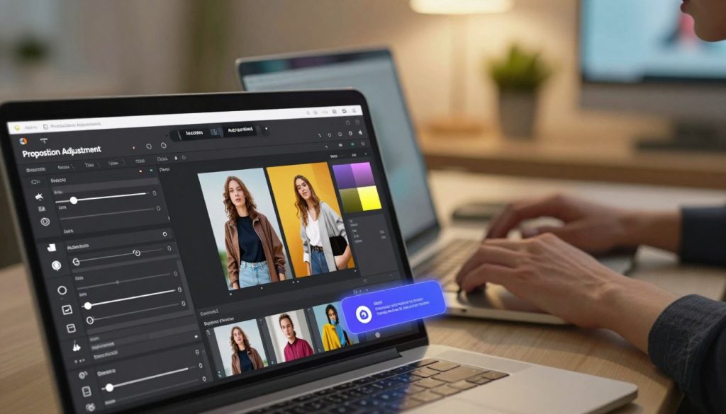 A sleek, user-friendly interface of a computer software, focusing on a section labeled "Proportion Adjustment" within a photo editing application. In the foreground, a close-up view of the editing window shows sliders for adjusting aspect ratios, neatly arranged icons, and vibrant thumbnails of images in various sizes. The middle ground features hands of a user dressed in smart casual attire interacting with a laptop, while glowing tooltips and hover effects illuminate the screen. In the background, a softly blurred desk setup with a potted plant and ambient task lighting creates a warm, inviting atmosphere. The overall mood is focused and productive, emphasizing clarity and ease of use within the context of photo editing.