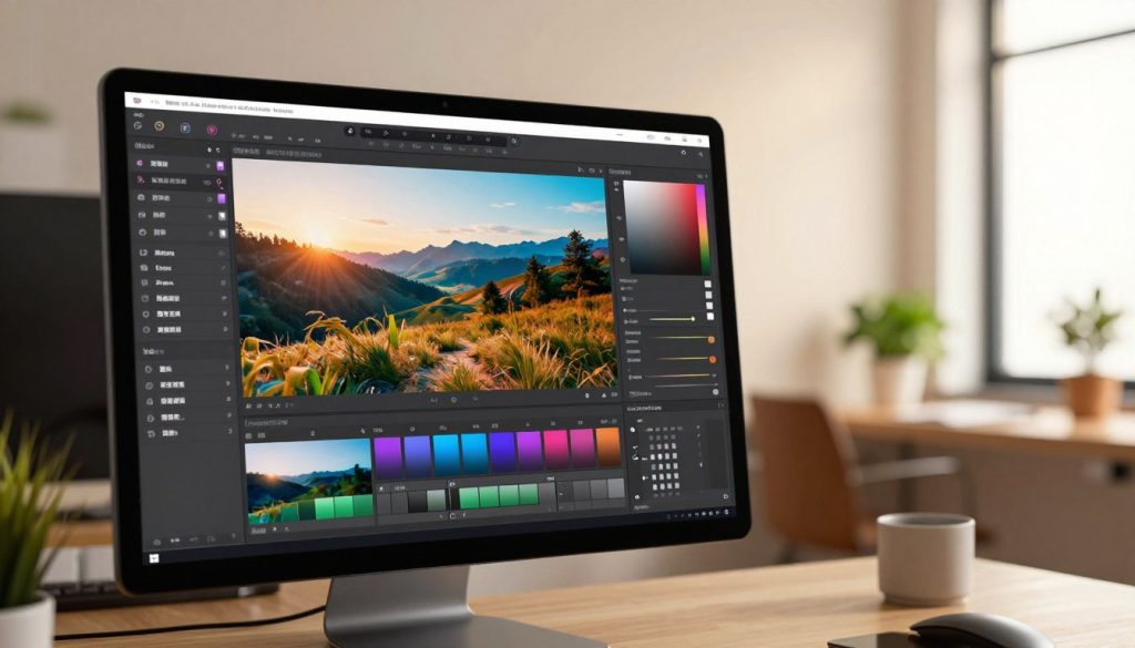 A vibrant and artistic digital workspace scene showcasing the creative editing features of a photo editing software. In the foreground, a high-resolution screen displays an elegant interface of a photo editor with various tools like sliders, artistic filters, and image adjustment options open. The middle section features a partially edited image of a landscape, enhanced with stylish filters that add artistic flair and colorful effects. In the background, a softly lit modern office space with minimalistic decor and a hint of greenery through a window creates a relaxed and inspiring atmosphere. The lighting is warm and inviting, highlighting the editing screen and giving a sense of creativity and innovation, perfect for a tech-savvy environment. A vibrant and artistic digital workspace scene showcasing the creative editing features of a photo editing software. In the foreground, a high-resolution screen displays an elegant interface of a photo editor with various tools like sliders, artistic filters, and image adjustment options open. The middle section features a partially edited image of a landscape, enhanced with stylish filters that add artistic flair and colorful effects. In the background, a softly lit modern office space with minimalistic decor and a hint of greenery through a window creates a relaxed and inspiring atmosphere. The lighting is warm and inviting, highlighting the editing screen and giving a sense of creativity and innovation, perfect for a tech-savvy environment.