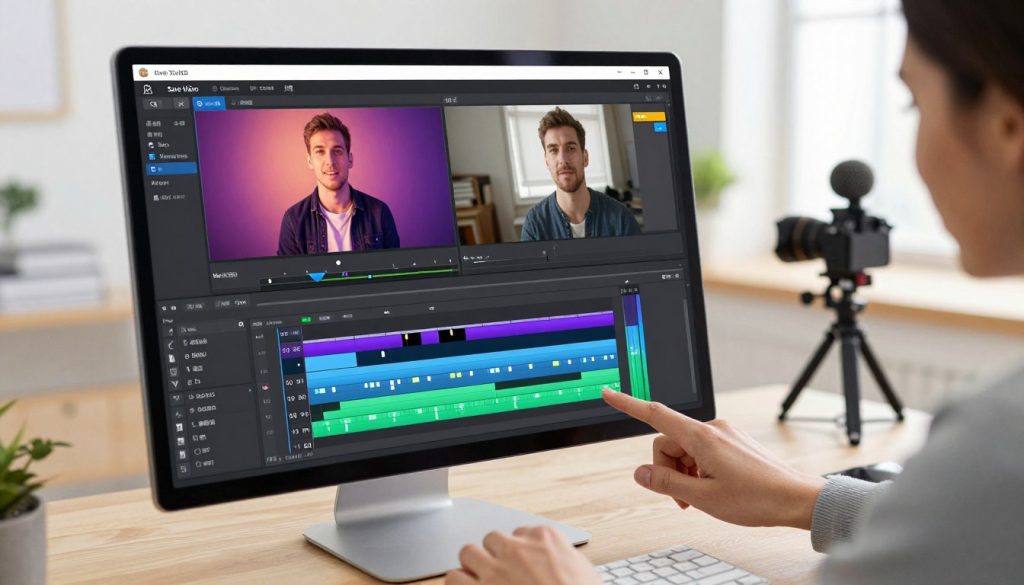 A vibrant and compelling scene showcasing a video editing interface focused on the "Save Video" function of the MeiTu XiuXiu software. In the foreground, display a large computer screen with an intricately designed editing timeline filled with colorful clips and effects, highlighting a high-definition export option. The middle layer features a pair of professional hands gracefully manipulating the interface, wearing smart casual attire. In the background, a well-lit, modern workspace is visible, complete with a stylish desk, a clean workspace, and subtle technology elements like a camera and microphone, suggesting a creative atmosphere. Soft, natural lighting works harmoniously to create an inviting yet professional mood, emphasizing clarity and precision in video quality.
