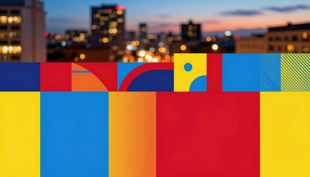 A vibrant and dynamic poster design showcasing eye-catching color combinations and striking filters. In the foreground, an array of color swatches blending seamlessly, highlighting bold reds, blues, and yellows. The middle section features a modern design layout with abstract shapes and textures that reflect the impact of effective color pairing. In the background, a softly blurred urban landscape at dusk, illuminated by warm city lights, creating a contrasting backdrop that enhances the visual appeal. The lighting should be bright and eye-catching, with a focus on saturation to convey energy and creativity. The atmosphere should feel contemporary and engaging, inviting viewers to explore the art of poster design. No text, logos, or watermarks present. A vibrant and dynamic poster design showcasing eye-catching color combinations and striking filters. In the foreground, an array of color swatches blending seamlessly, highlighting bold reds, blues, and yellows. The middle section features a modern design layout with abstract shapes and textures that reflect the impact of effective color pairing. In the background, a softly blurred urban landscape at dusk, illuminated by warm city lights, creating a contrasting backdrop that enhances the visual appeal. The lighting should be bright and eye-catching, with a focus on saturation to convey energy and creativity. The atmosphere should feel contemporary and engaging, inviting viewers to explore the art of poster design. No text, logos, or watermarks present.