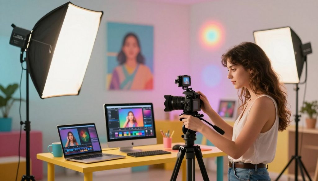 A vibrant and dynamic scene depicting the art of video production for social media influencers. In the foreground, a stylishly dressed young woman operates a camera on a tripod, capturing a colorful setup with props and lighting that enhances the visual aesthetic. The middle ground features creative elements like softboxes and LED lights casting a warm glow, while various filters and editing tools are artistically arranged around her. The background showcases blurred abstract visuals representing filter effects, like bokeh and light flares. The atmosphere feels energetic and inspiring, emphasizing creativity and modern technology. The setting is bright and inviting, with a sense of progression in video-making artistry. A vibrant and dynamic scene depicting the art of video production for social media influencers. In the foreground, a stylishly dressed young woman operates a camera on a tripod, capturing a colorful setup with props and lighting that enhances the visual aesthetic. The middle ground features creative elements like softboxes and LED lights casting a warm glow, while various filters and editing tools are artistically arranged around her. The background showcases blurred abstract visuals representing filter effects, like bokeh and light flares. The atmosphere feels energetic and inspiring, emphasizing creativity and modern technology. The setting is bright and inviting, with a sense of progression in video-making artistry.