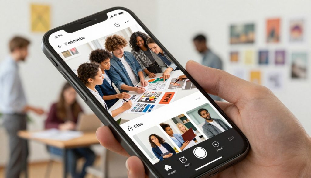 A vibrant and engaging digital collage showcasing the functionalities of a photo editing app, featuring a split-screen design. In the foreground, display a stylish smartphone with a sleek interface showing various editing options like filters, stickers, and collage layouts. The middle section should include a group of diverse individuals collaborating creatively, focusing on poster design and layout, all dressed in professional attire. The background can feature a bright, lightly blurred co-working space, filled with mood boards and artwork, conveying a dynamic atmosphere of creativity. Employ soft, warm lighting to enhance the inviting feel, with a slightly overhead angle to capture the action and engagement of the group working on visual projects. A vibrant and engaging digital collage showcasing the functionalities of a photo editing app, featuring a split-screen design. In the foreground, display a stylish smartphone with a sleek interface showing various editing options like filters, stickers, and collage layouts. The middle section should include a group of diverse individuals collaborating creatively, focusing on poster design and layout, all dressed in professional attire. The background can feature a bright, lightly blurred co-working space, filled with mood boards and artwork, conveying a dynamic atmosphere of creativity. Employ soft, warm lighting to enhance the inviting feel, with a slightly overhead angle to capture the action and engagement of the group working on visual projects.