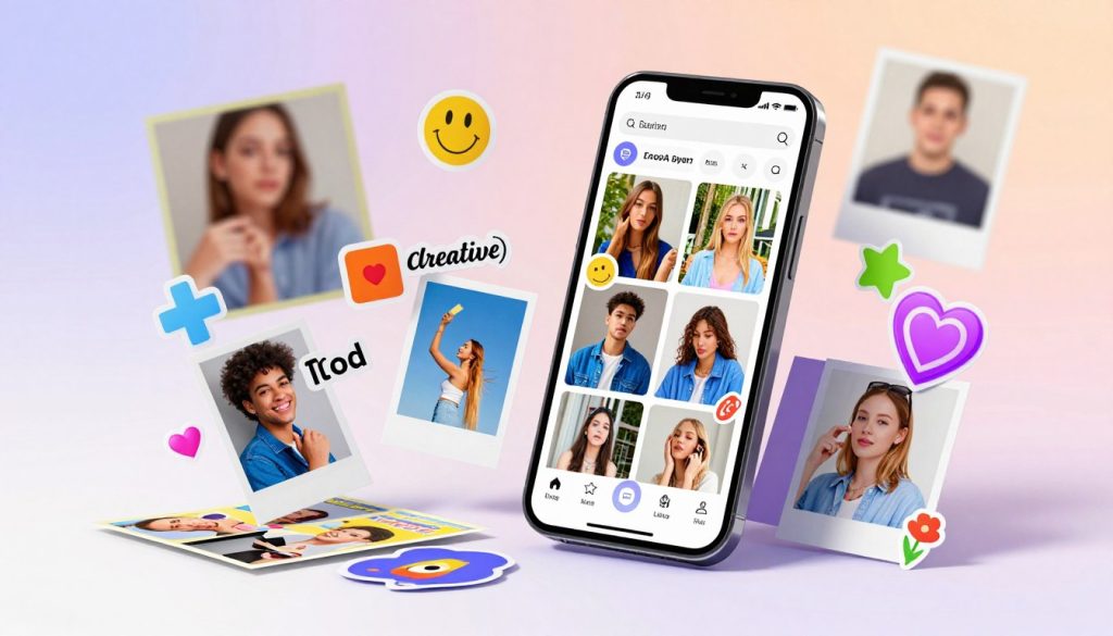 A vibrant digital workspace showcasing the creative features of a photo editing application. In the foreground, a variety of colorful creative elements like collages, playful stickers, and text overlays are arranged dynamically. The middle ground features a user interface of the app displayed on a smartphone, showcasing an intuitive layout with drag-and-drop functionality for images and stickers. The background is a soft gradient that conveys a sense of creativity and fun, perhaps with blurred images of completed edits to add depth. Bright, cheerful lighting illuminates the scene, enhancing the lively atmosphere. The composition is captured from a slight angle, emphasizing a modern and inviting vibe, perfect for inspiring new users to explore innovative editing options. A vibrant digital workspace showcasing the creative features of a photo editing application. In the foreground, a variety of colorful creative elements like collages, playful stickers, and text overlays are arranged dynamically. The middle ground features a user interface of the app displayed on a smartphone, showcasing an intuitive layout with drag-and-drop functionality for images and stickers. The background is a soft gradient that conveys a sense of creativity and fun, perhaps with blurred images of completed edits to add depth. Bright, cheerful lighting illuminates the scene, enhancing the lively atmosphere. The composition is captured from a slight angle, emphasizing a modern and inviting vibe, perfect for inspiring new users to explore innovative editing options.