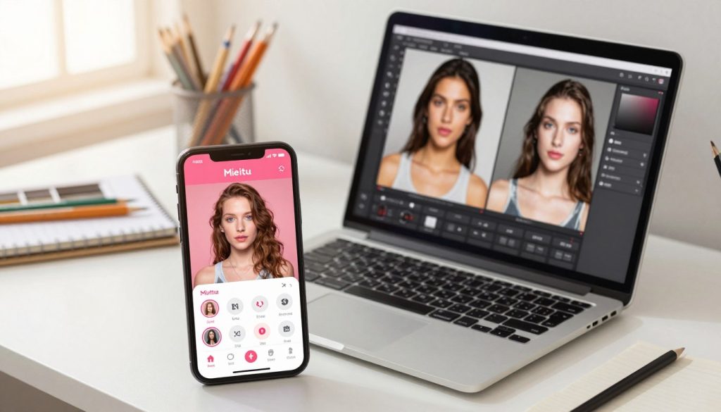 A vibrant, visually appealing workspace showcasing the features of the Meitu Xiuxiu app. In the foreground, a smartphone displays the Meitu Xiuxiu interface with various editing tools highlighted. Next to it, an open laptop shows side-by-side comparisons of before and after photo edits. The background features a clean, modern desk setup with art supplies, hinting at creativity and digital artistry. Soft natural lighting filters in from a nearby window, casting a warm glow across the scene. The overall mood is engaging and informative, inviting viewers to explore editing techniques. Angle the shot slightly from above to capture the dynamic interplay of technology and creativity, creating an inviting atmosphere for readers interested in discovering cost-saving tips and tricks for using Meitu Xiuxiu effectively. A vibrant, visually appealing workspace showcasing the features of the Meitu Xiuxiu app. In the foreground, a smartphone displays the Meitu Xiuxiu interface with various editing tools highlighted. Next to it, an open laptop shows side-by-side comparisons of before and after photo edits. The background features a clean, modern desk setup with art supplies, hinting at creativity and digital artistry. Soft natural lighting filters in from a nearby window, casting a warm glow across the scene. The overall mood is engaging and informative, inviting viewers to explore editing techniques. Angle the shot slightly from above to capture the dynamic interplay of technology and creativity, creating an inviting atmosphere for readers interested in discovering cost-saving tips and tricks for using Meitu Xiuxiu effectively.