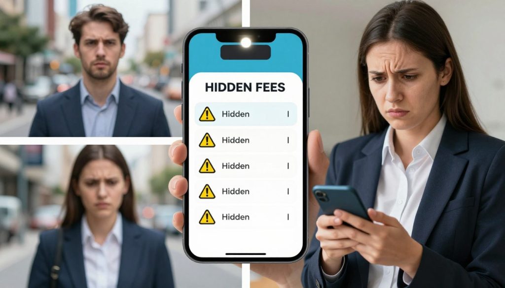 A visually engaging collage that captures the essence of caution against hidden fees and operational errors related to app usage. In the foreground, depict a concerned business professional examining a smartphone, their expression reflecting a mix of confusion and awareness. The middle layer features a stylized representation of a smartphone screen, displaying an ambiguous pricing structure with warning symbols and exclamation marks, symbolizing the risks associated with hidden charges. In the background, a blurred image of an everyday urban setting conveys a sense of modern life, while soft, focused lighting highlights the smartphone and the professional's expressions, creating a serious yet informative atmosphere. The overall mood should evoke vigilance and caution regarding digital finance and app usage. A visually engaging collage that captures the essence of caution against hidden fees and operational errors related to app usage. In the foreground, depict a concerned business professional examining a smartphone, their expression reflecting a mix of confusion and awareness. The middle layer features a stylized representation of a smartphone screen, displaying an ambiguous pricing structure with warning symbols and exclamation marks, symbolizing the risks associated with hidden charges. In the background, a blurred image of an everyday urban setting conveys a sense of modern life, while soft, focused lighting highlights the smartphone and the professional's expressions, creating a serious yet informative atmosphere. The overall mood should evoke vigilance and caution regarding digital finance and app usage.