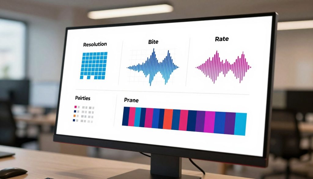 A visually engaging infographic illustrating key technological indicators affecting video clarity. In the foreground, showcase a sleek, modern monitor displaying a high-definition video playback with vibrant colors. In the middle, include detailed graphical elements representing metrics like resolution, bitrate, and frame rate, each symbolically depicted with icons such as a pixel grid, a bitrate waveform, and frame snapshots. The background should feature a soft-focus, contemporary office environment with warm lighting to create a professional atmosphere. Use a slight tilt-angle perspective to emphasize depth, while ensuring the overall composition is clean and balanced, conveying a sense of sophistication and clarity in video optimization techniques. A visually engaging infographic illustrating key technological indicators affecting video clarity. In the foreground, showcase a sleek, modern monitor displaying a high-definition video playback with vibrant colors. In the middle, include detailed graphical elements representing metrics like resolution, bitrate, and frame rate, each symbolically depicted with icons such as a pixel grid, a bitrate waveform, and frame snapshots. The background should feature a soft-focus, contemporary office environment with warm lighting to create a professional atmosphere. Use a slight tilt-angle perspective to emphasize depth, while ensuring the overall composition is clean and balanced, conveying a sense of sophistication and clarity in video optimization techniques.