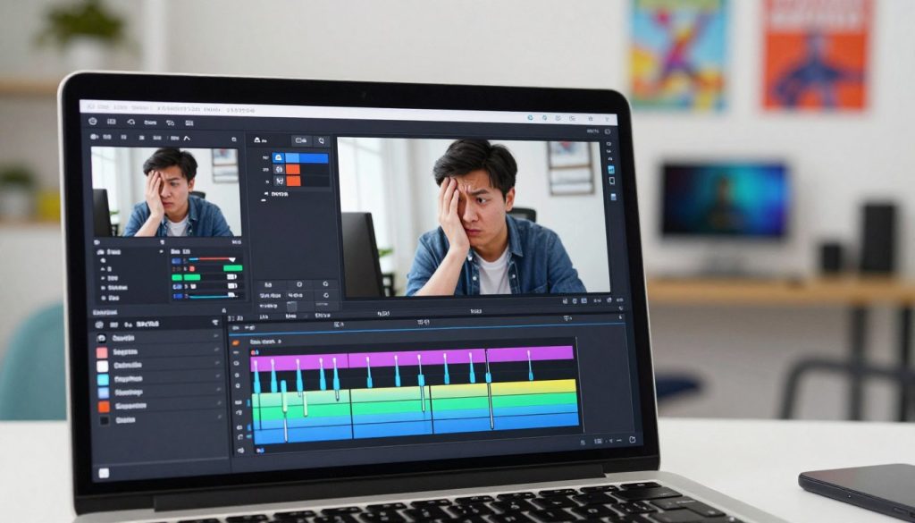 A visually engaging scene depicting a modern video editing interface of the Meitu Xiuxiu application on a sleek laptop screen. In the foreground, close-up shots of the screen reveal various video enhancement tools, with colorful sliders and filters that hint at adjustments being made. The middle layer features a focused technician, a young adult wearing smart casual attire, intently observing the video playback, reflecting a mix of curiosity and mild frustration. The background shows a brightly lit, contemporary workspace adorned with motivational posters and tech gadgets, creating an atmosphere of innovation and creativity. Soft lighting accentuates the screen's vivid colors, while a subtle lens blur emphasizes the technician's concentration on the editing task. The overall mood is one of determination and challenge, capturing the essence of striving for clarity in video content. A visually engaging scene depicting a modern video editing interface of the Meitu Xiuxiu application on a sleek laptop screen. In the foreground, close-up shots of the screen reveal various video enhancement tools, with colorful sliders and filters that hint at adjustments being made. The middle layer features a focused technician, a young adult wearing smart casual attire, intently observing the video playback, reflecting a mix of curiosity and mild frustration. The background shows a brightly lit, contemporary workspace adorned with motivational posters and tech gadgets, creating an atmosphere of innovation and creativity. Soft lighting accentuates the screen's vivid colors, while a subtle lens blur emphasizes the technician's concentration on the editing task. The overall mood is one of determination and challenge, capturing the essence of striving for clarity in video content.