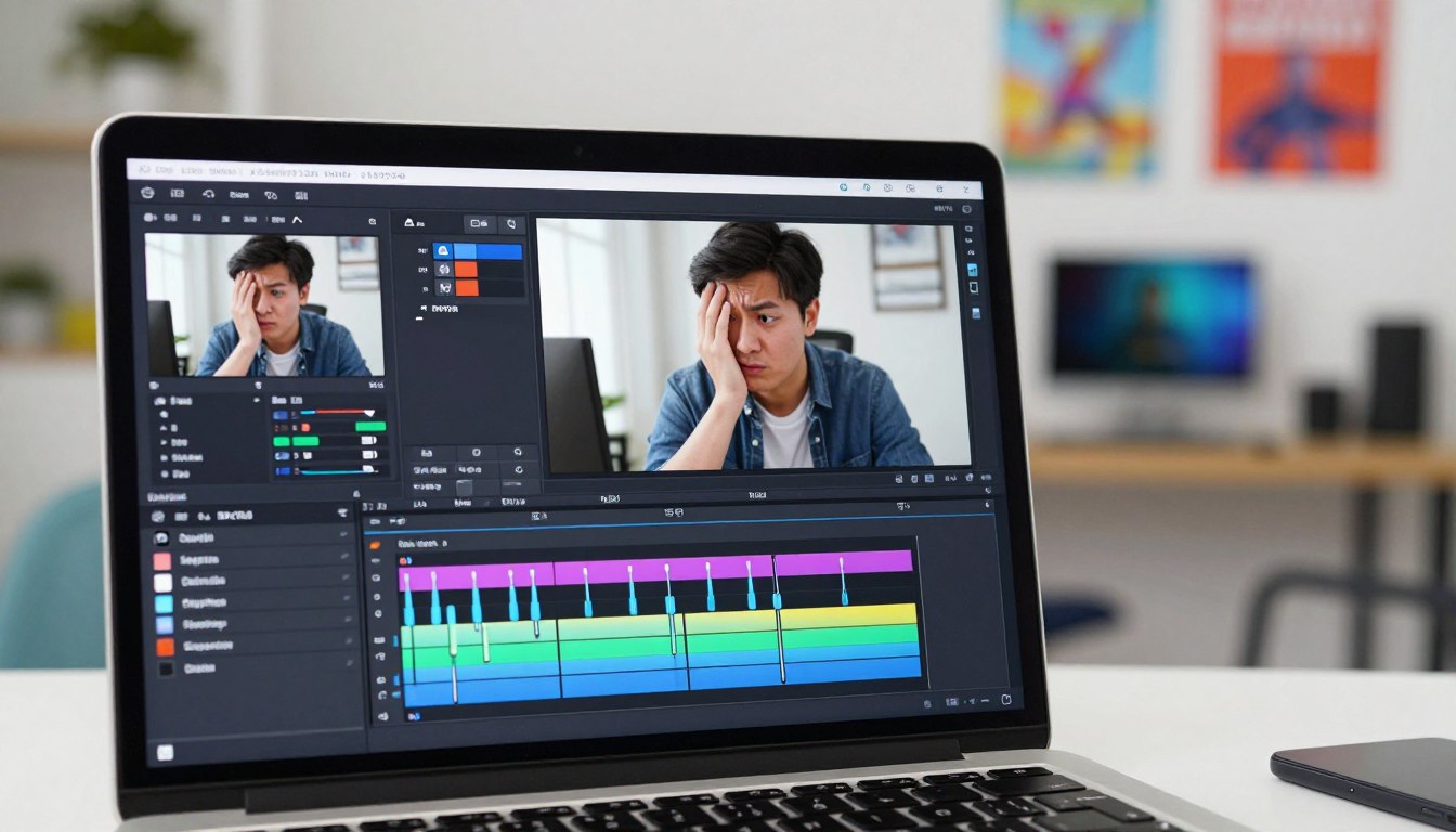 A visually engaging scene depicting a modern video editing interface of the Meitu Xiuxiu application on a sleek laptop screen. In the foreground, close-up shots of the screen reveal various video enhancement tools, with colorful sliders and filters that hint at adjustments being made. The middle layer features a focused technician, a young adult wearing smart casual attire, intently observing the video playback, reflecting a mix of curiosity and mild frustration. The background shows a brightly lit, contemporary workspace adorned with motivational posters and tech gadgets, creating an atmosphere of innovation and creativity. Soft lighting accentuates the screen's vivid colors, while a subtle lens blur emphasizes the technician's concentration on the editing task. The overall mood is one of determination and challenge, capturing the essence of striving for clarity in video content.