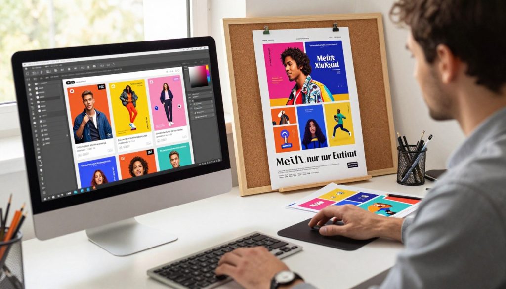 A visually striking poster design tutorial scene featuring a well-organized workspace. In the foreground, a computer screen displays the Meitu XiuXiu interface showcasing vibrant templates for eye-catching posters. Beside it, a professional person, dressed in smart casual attire, is actively selecting design elements, with colorful mock-ups and tools scattered around. In the middle ground, a beautifully designed poster can be seen pinned on a corkboard, with appealing graphics and typography representing various themes. The background features soft natural lighting coming from a window, casting a warm glow over the workspace, creating an inviting and creative atmosphere. The camera angle is slightly above the table, capturing the entire scene in a dynamic and engaging way. A visually striking poster design tutorial scene featuring a well-organized workspace. In the foreground, a computer screen displays the Meitu XiuXiu interface showcasing vibrant templates for eye-catching posters. Beside it, a professional person, dressed in smart casual attire, is actively selecting design elements, with colorful mock-ups and tools scattered around. In the middle ground, a beautifully designed poster can be seen pinned on a corkboard, with appealing graphics and typography representing various themes. The background features soft natural lighting coming from a window, casting a warm glow over the workspace, creating an inviting and creative atmosphere. The camera angle is slightly above the table, capturing the entire scene in a dynamic and engaging way.